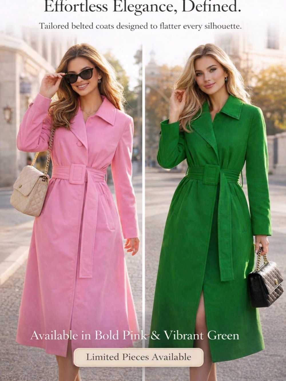 Women’s Belted Long Coat | Elegant Trench Style | Pink/Green | S–L